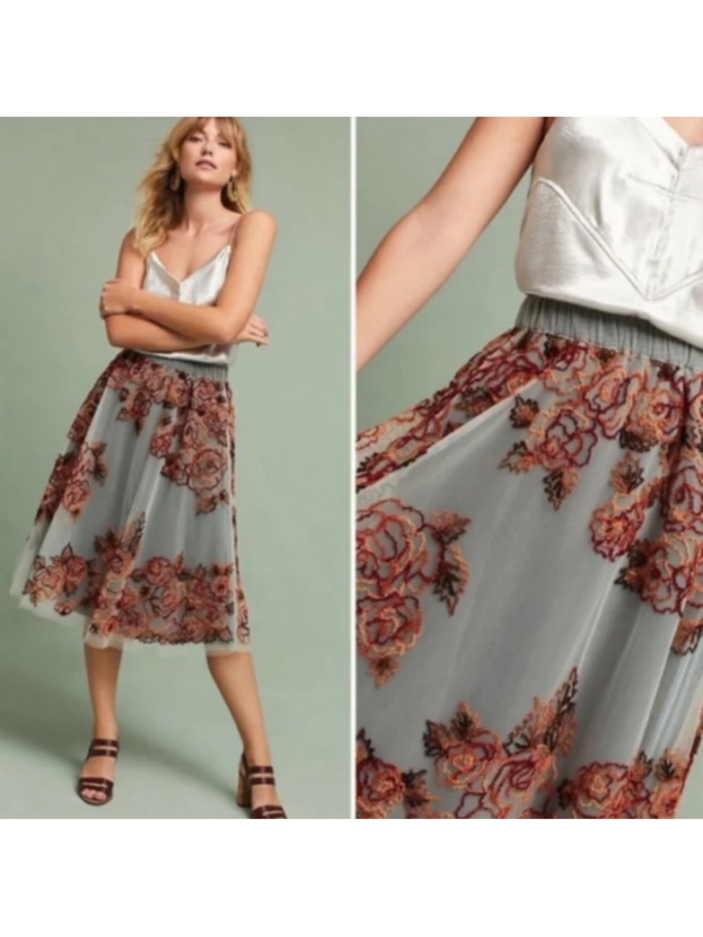Anthropologie Not So Serious embroidered Floral Tulle Skirt M/L